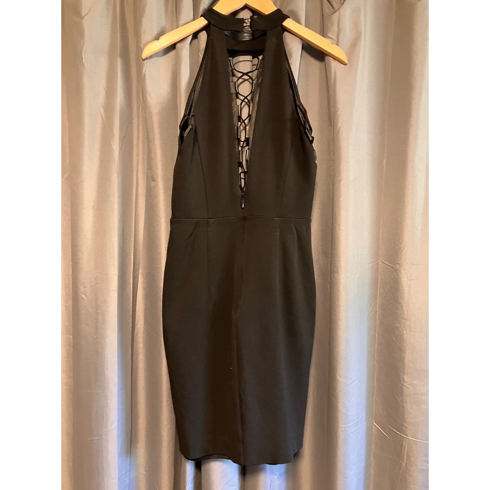 Bebe Cocktail Dress Women Medium Black Halter Lace Up Cutout Bodycon New Years